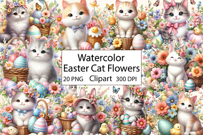 Watercolor Easter Cat Flowers Clipart baby