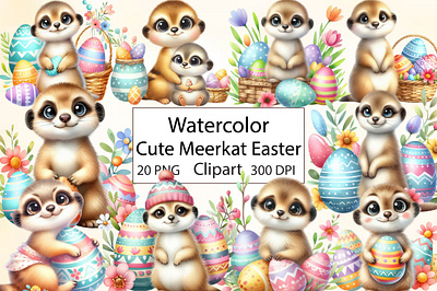 Watercolor Cute Meerkat Easter Clipart invitation