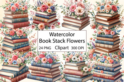 Watercolor Book Stack Flowers Clipart postcard