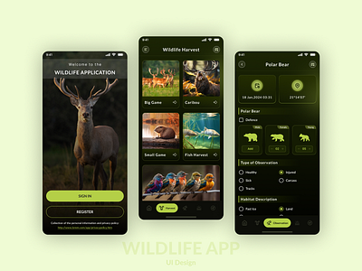 Wildlife Harvest Mobile App UI Design animal animal app ui climate change observation forest app ui harvesting app mobile app ui ui wildlife wildlife app wildlife harvesting app