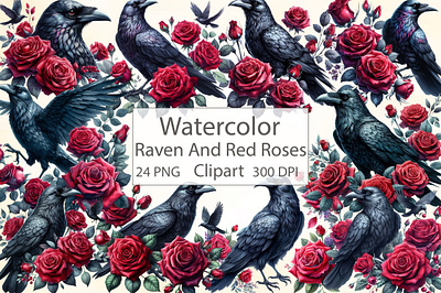 Watercolor Raven and Red Roses Clipart invitation