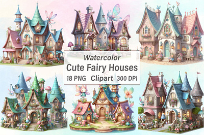 Watercolor Cute Fairy Houses Clipart hand drawn