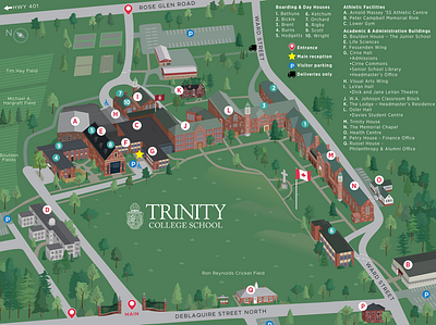 Trinity College School - Campus Map campus map illustrated map isometric map map map art map artwork map illustration maps school map wayfinding wayfinding map