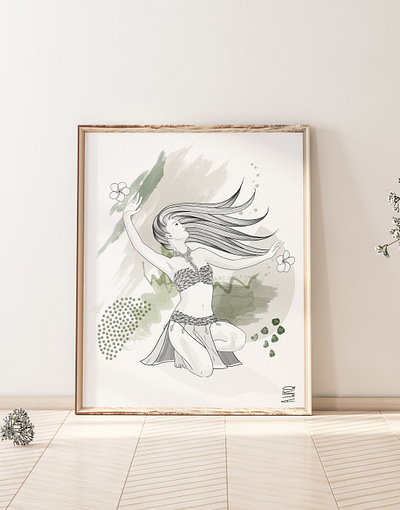 'Ori Tahiti dancer Tehani flowers green illustration portrait