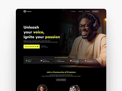 PodSpace Landing Page darkmode edutainment landing page minimalistic podcast streaming ui uiux webpage