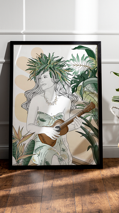 Woman from Polynesia - La vahine on the ukulele flowers illustration life scene portrait ukulele vegetal