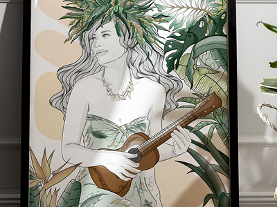 Woman from Polynesia - La vahine on the ukulele flowers illustration life scene portrait ukulele vegetal