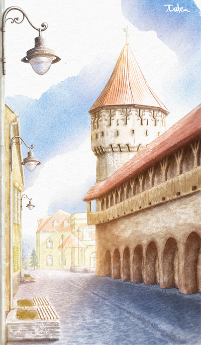 My hometown cityscape ipad pro medieval city old buildings old city procreate street view tower vintage look vintage street vintage town watercolor watercolour