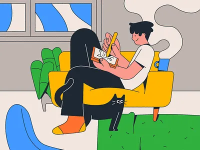 late night drawing black cat coffee couch illustration living room