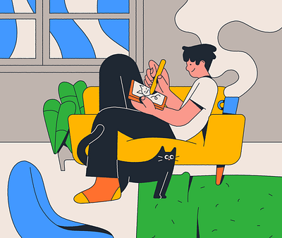 late night drawing black cat coffee couch illustration living room