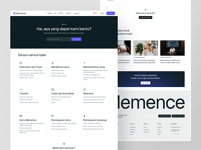 Memence - Help Page crypto faq finance finance web help help page landing page money question support ui website