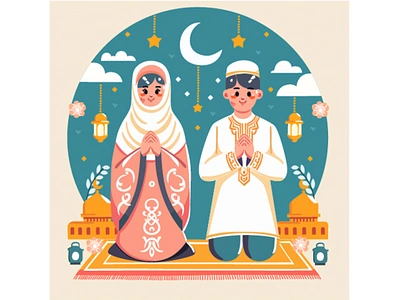 Ramadan Kareem Greeting Celebration Characters celebration character eid greeting happy illustration islamic kareem lantern message moon mubarak muslim prayer ramadan vector