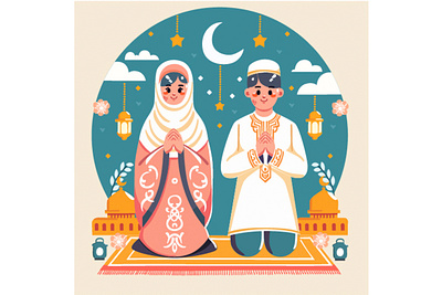 Ramadan Kareem Greeting Celebration Characters celebration character eid greeting happy illustration islamic kareem lantern message moon mubarak muslim prayer ramadan vector