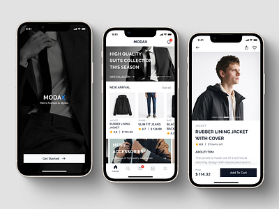 MODAX - Men's Fashion & Styles checkout e commerce fashion menswear mobile app online shop outfit ui ux