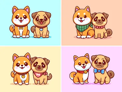 Shiba Inu and Pug (Dog Friendship)🐶 animals best friend couple cute dog friendship icon illustration japan logo necklace paw pet pose pug relationship shiba inu tie