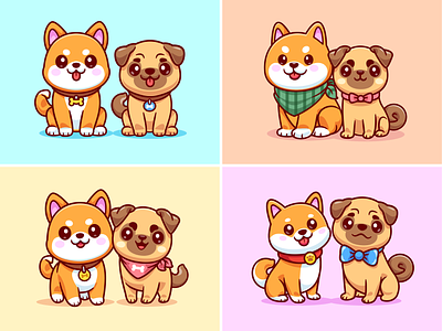 Shiba Inu and Pug (Dog Friendship)🐶 animals best friend couple cute dog friendship icon illustration japan logo necklace paw pet pose pug relationship shiba inu tie