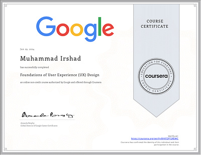 Alhamdulillah Completed (UX) Design Course certificate design google course google ux graphic design user interface