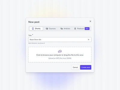 Post uploading form UI Design | StarSheet clean components create dark design design system dialog form free input manage modal mode new popup post ui upload web white