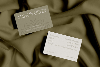 Maison Green Stationery brand branding business cards custom wordmark development branding envelope flourish green leafy leaves letterhead luxe luxury brand serif type serif typography stationery