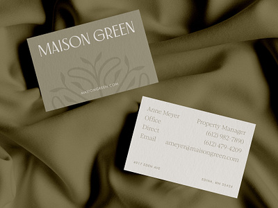 Maison Green Stationery brand branding business cards custom wordmark development branding envelope flourish green leafy leaves letterhead luxe luxury brand serif type serif typography stationery
