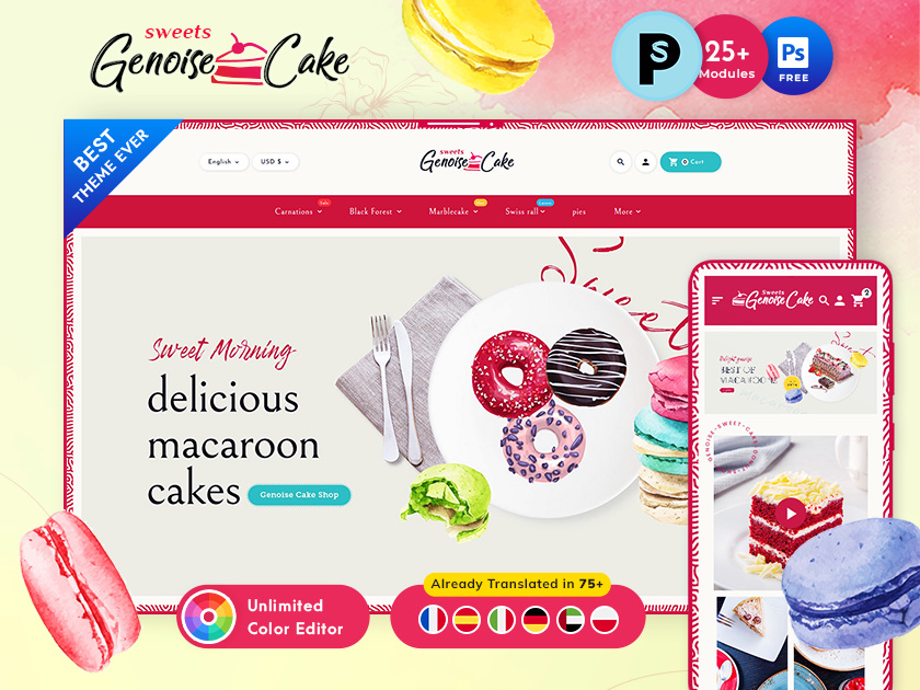 Genoise – Macaroon Cakes & Sweets – eCommerce Responsive Theme bootstrap cake cakes cupcake delicious design ecommerce genoise illustration macaroon multipurpose opencart prestashop shopify templatetrip woocommerce wordpress