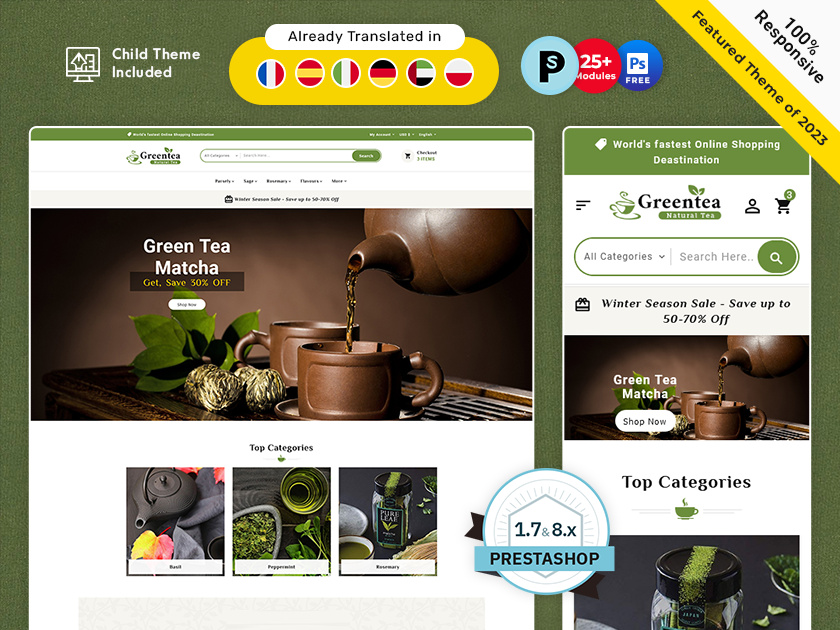 Greentea – eCommerce Responsive Theme ayurvedic bootstrap coffee design drinks ecommerce green tea healthy illustration lemon tea mocha opencart prestashop shakes shopify tea templatetrip theme woocommerce wordpress