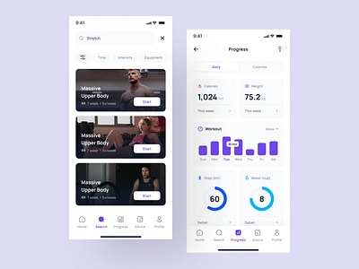 Sporter - Fitness & Workout Mobile App analytics app design cards charts data design filter fitness gym mobile mobile design pixlayer record search sport tabs ui ui kit ui8 ux