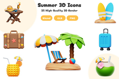 Summer Holiday 3D Icons Set 3d 3d artwork 3d icon 3d render blender blender 3d branding design element graphic design illustration logo rendering summer ui vacation