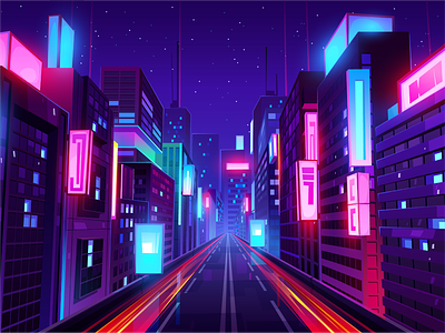 Neon Night City cityscape design game design glowing windows illustration metaverse neon neon signboards night city street vector