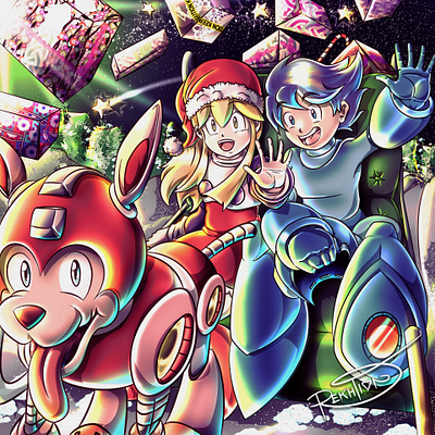 Mega Man, Roll & Rush at Christmas ⚡️ by Rekhtion 015 anime bluebomber capcom dog fanart girl manga mega megabuster megaman nintendo nostalgia recuerdos robot rockman roll rush videogames videojuegos ロックマン