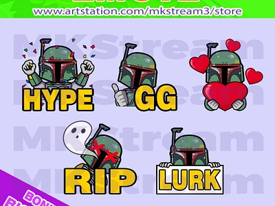 Twitch emotes star wars boba fett rip, gg, lurk, love & hype animated emotes anime boba fett boba fett emotes bounty hunter cute design emote emotes gg hype illustration love emotes lurk rip emotes star wars star wars emotes starwars sub badge twitch emotes