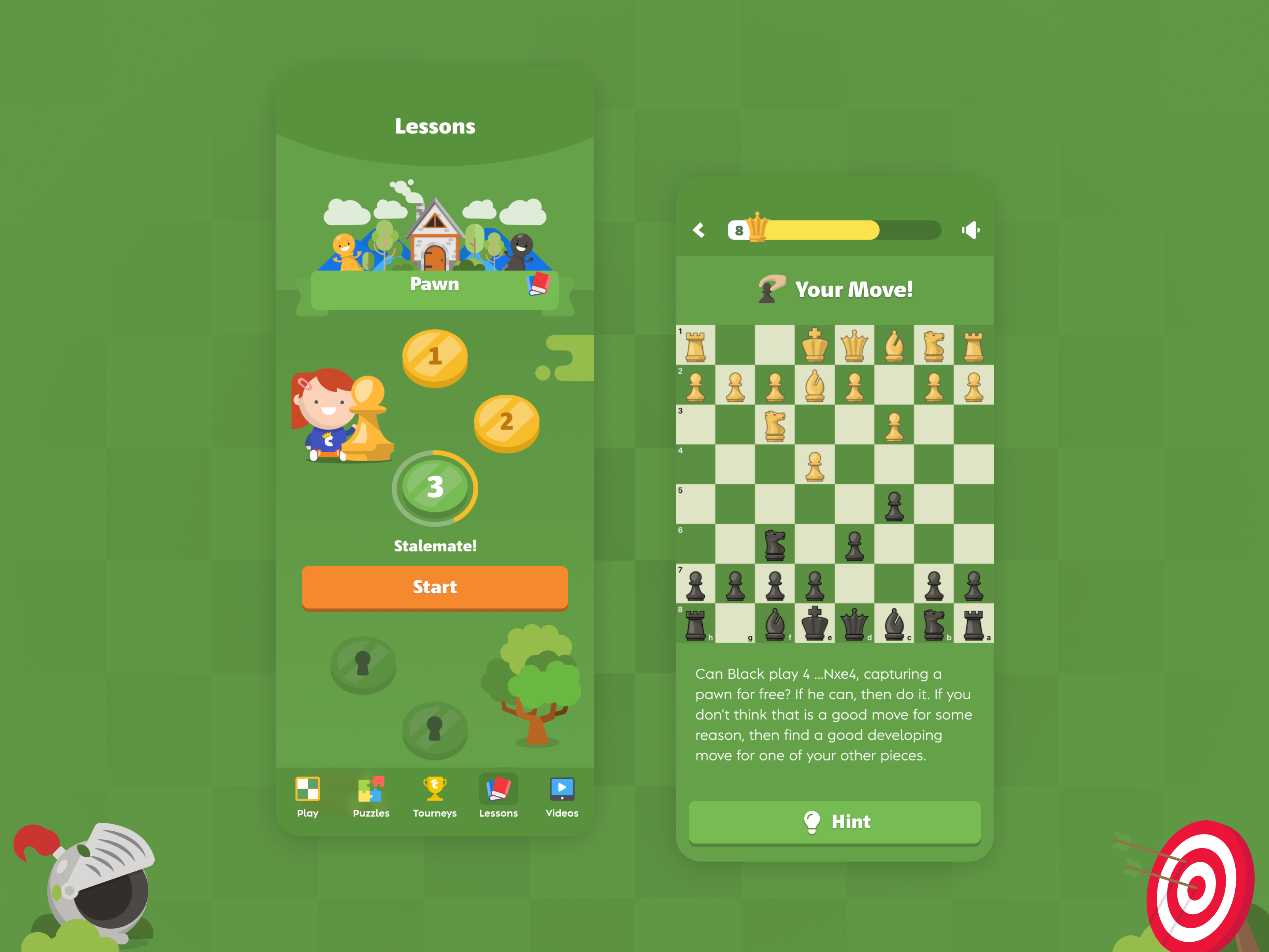 ChessKid iOS app. Lessons. Available in App Store app chess chesskid child children cute design game green ios iphone kids mobile ui ux