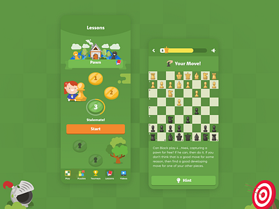 ChessKid iOS app. Lessons. Available in App Store app chess chesskid child children cute design game green ios iphone kids mobile ui ux