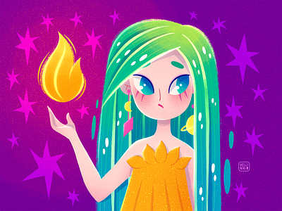 19/365 Green-haired Girl, Princess of Nature Illustration art artist character concept cute design dress female fire funny girl girly green illustration nature princess stars violet woman