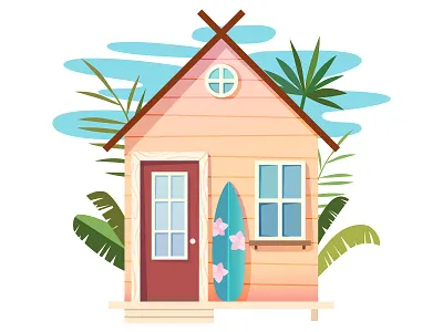 Beach hut beach hut bungalow cozy cute exterior flat design house illustration palm shutterstock summer summertime surfboard tropics