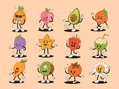 Groovy fruits 2 cartoon character comic concept cute design food fruits groovy happy illustration logo mascot retro vector