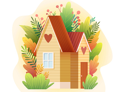 Spring cottage berries birdhouse forest garden green greeting card growth heart heart shape house leaves lush plants roof spring time trees window