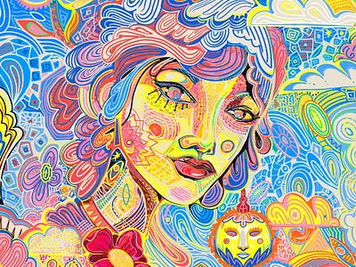 woman portrait creative cubisme design dessin drawing dreamland eyes flower freelance geometric graphic design illustration nuage painting poster print procreate psychedelic visionary yoaz