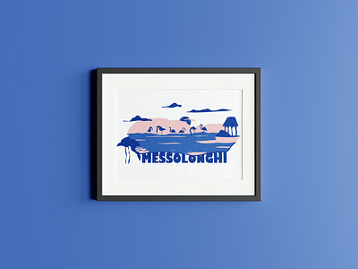 Messolonghi By Locals Designs flamingo greece landscape mountains ocean poster print t shirt texture