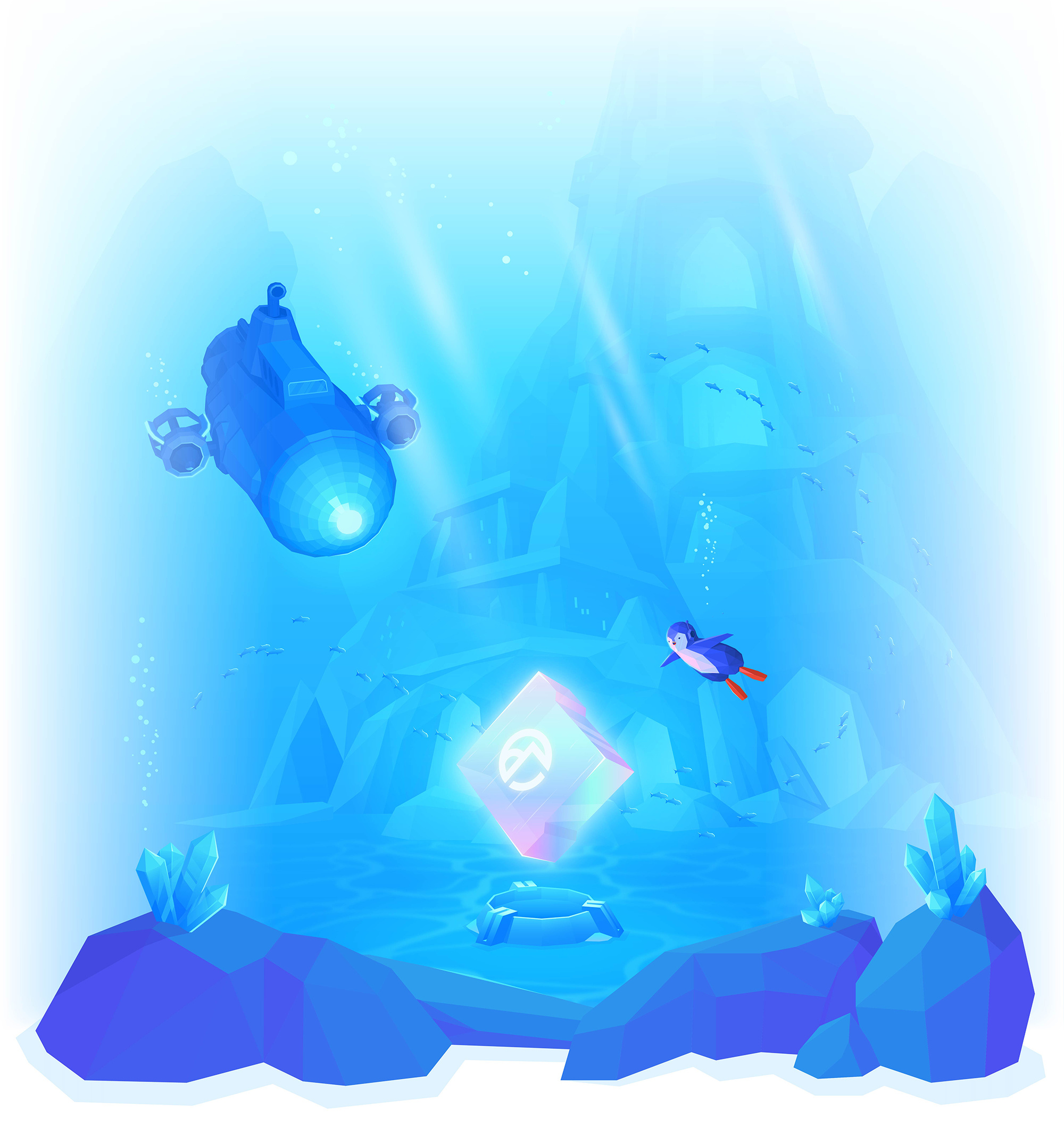 Solsten: Visual Identity & Website adventure animals branding character design color colour concept art cute environment design geometric illustration low poly low poly art nature ocean floor penguins submarine underwater ux visual identity