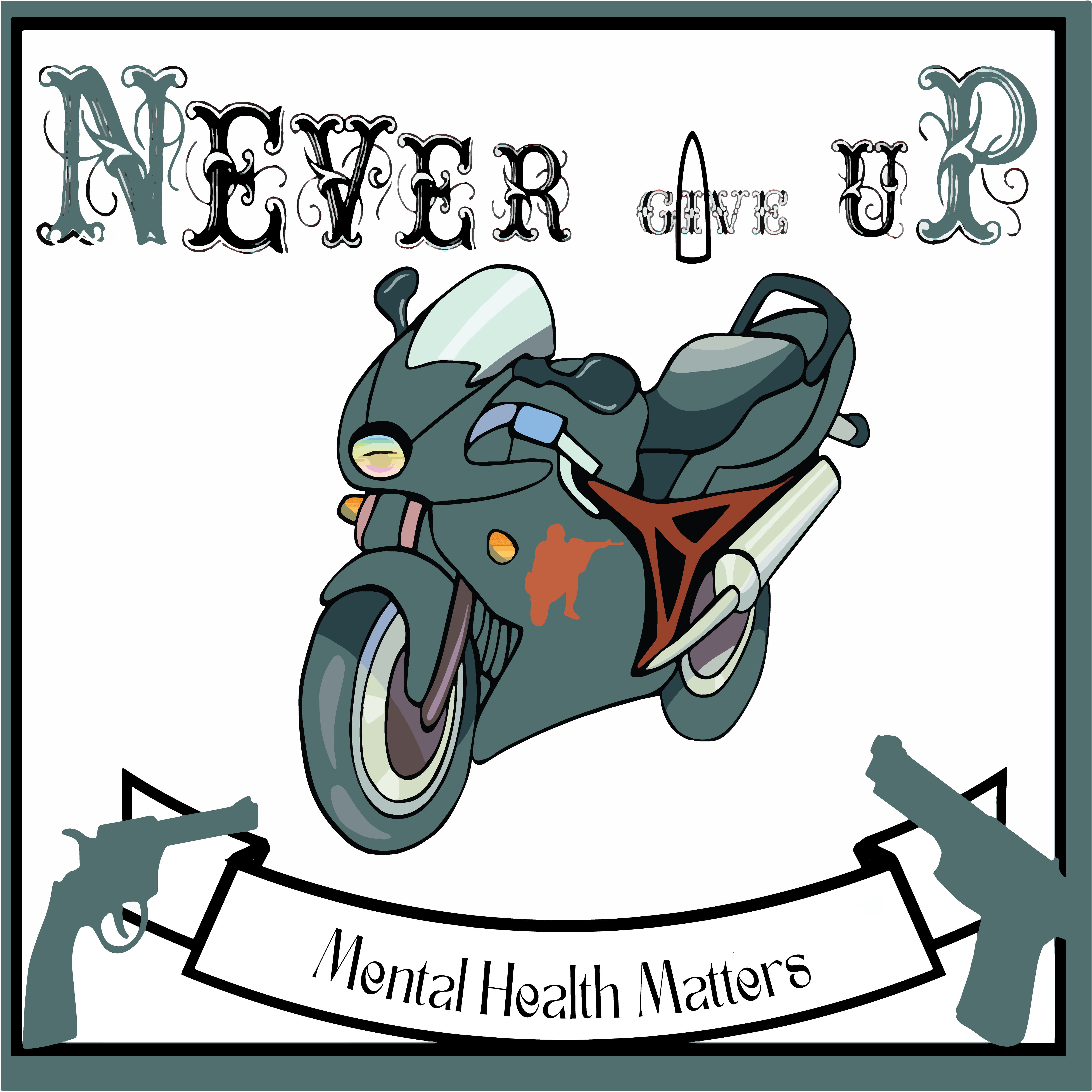 Bike, guns, and a 'Never give up!' slogan design tshirt design graphic design