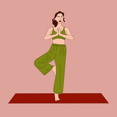 A girl does yoga on a mat and stands on one leg app branding design graphic design illustration logo typography ui ux vector