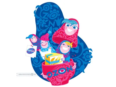 Illustration for «Art is closer with Ozon» Character design annapogulyaeva annapogulyaeva art brand design branding cartoon delivery design flowers graphic design illustration matrioshka matryoshka ornament ozon packaging packing russia russian fairy story russian style vector