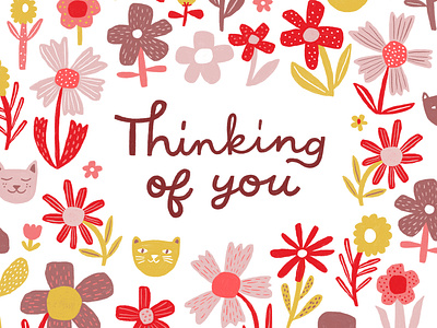 Thinking of You art licensing cat floral flowers greeting card illustration lettering pattern surface design