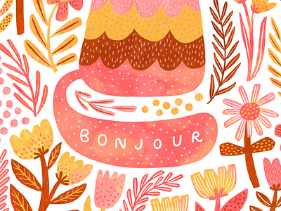 Bonjour Kitty art licensing cat florals flowers greeting card illustration pattern surface design thinking of you