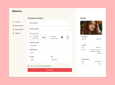 Bloome Payment appointment beauty booking card checkin checkout credit card dailyui interface payment personal data portfolio treatment ui user experience ux ui visual identity web website