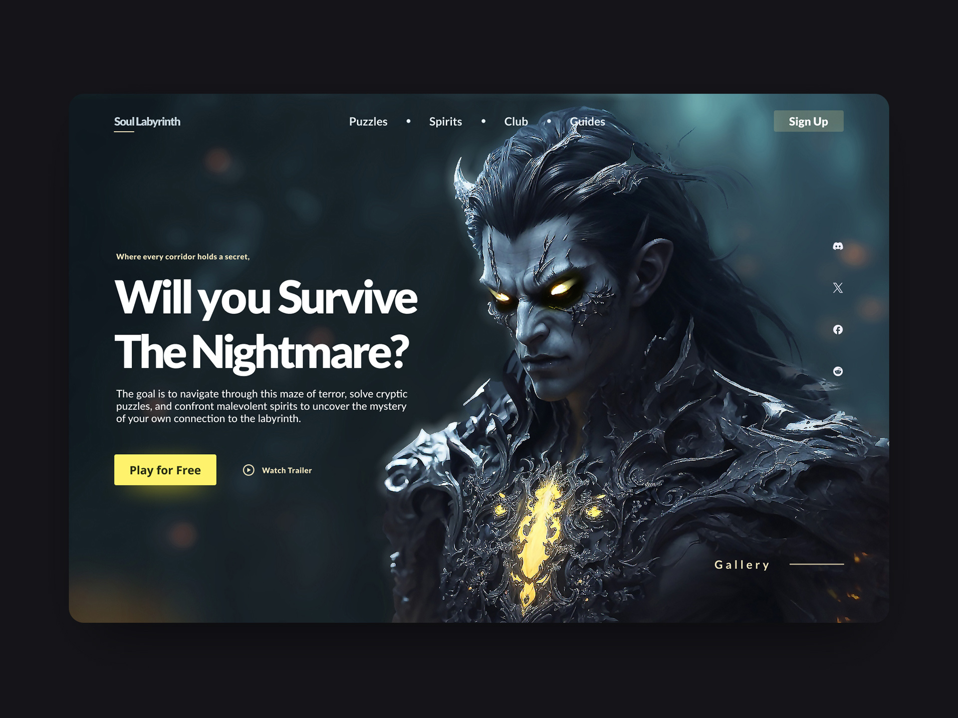 Soul Labyrinth // Horror Puzzle Game Webiste dark dark ui design game game landing page game ui gaming hero inspiration landing landing page puzzle trend ui ui design uiux video game web web design website