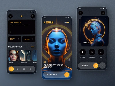 Scape.AI - Mobile App ai artificial intelligence artwork ai black chat ai chat gpt dark mode design digital imaging figma graphic design midjourney minimal mobile mobile app photo ai ui website