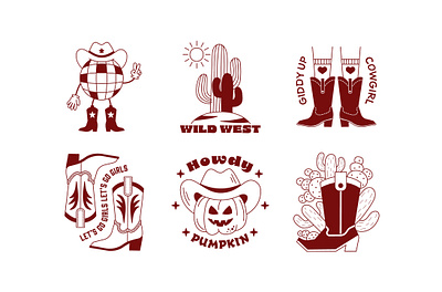 Trendy groovy cowboy stickers or icons art design digital art graphic design icon illustration logo print sticker vector