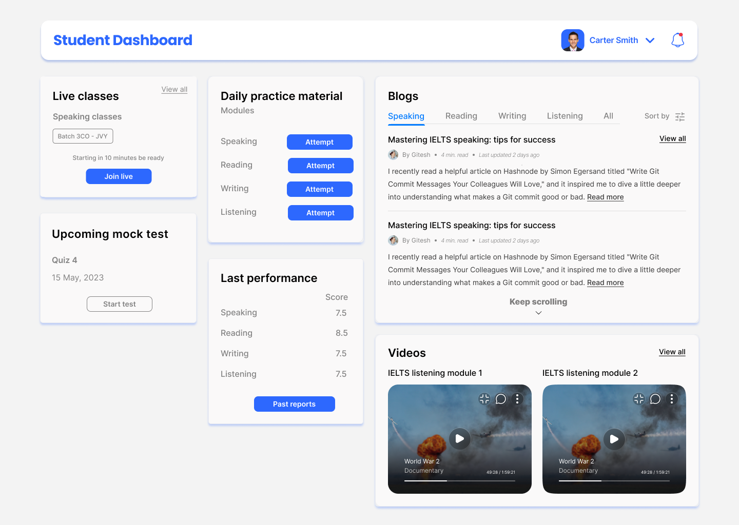 Example of IELTS Student dashboard